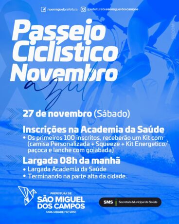 Secretaria de Saúde de São Miguel dos Campos abre inscrições para o Passeio Ciclístico Novembro Azul